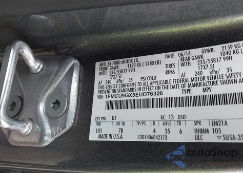 2014 Ford Escape Se from USA, damaged, VIN 1FMCU9GX5EUD76326